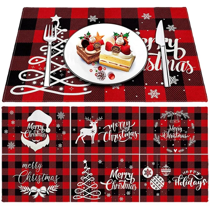 Noel Placemat baskılı kırmızı ve siyah ekose pamuk ve keten Kumaş Batı yemeği Mat masa Anti-leke ısı yalıtım matı Görüntü  2