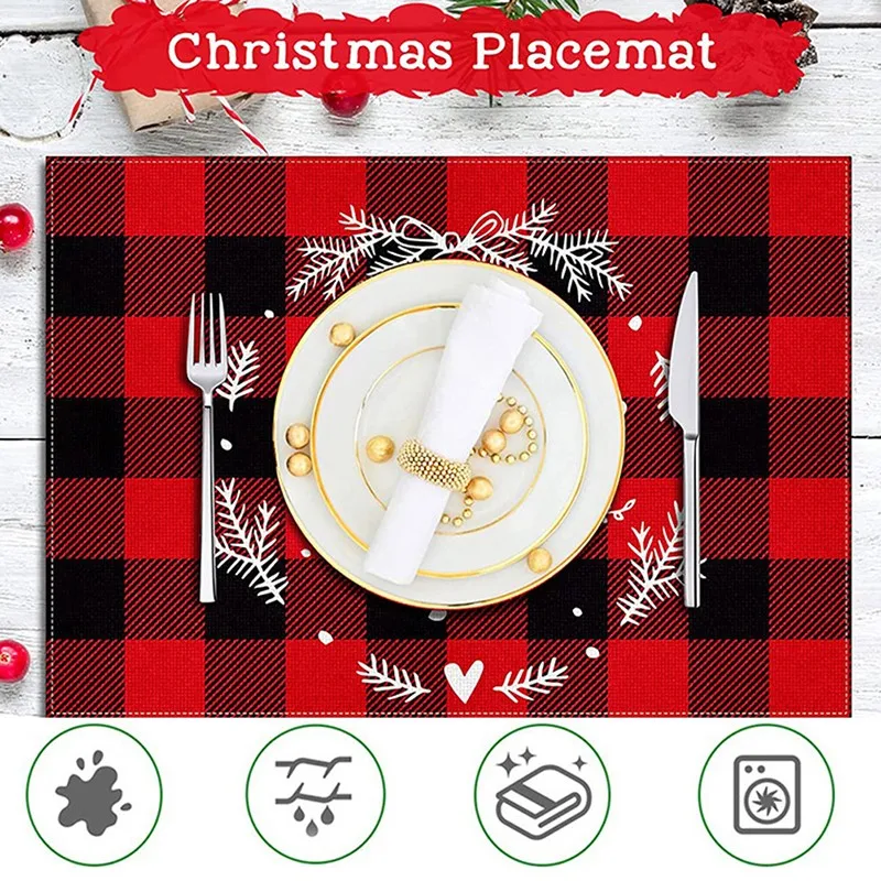 Noel Placemat baskılı kırmızı ve siyah ekose pamuk ve keten Kumaş Batı yemeği Mat masa Anti-leke ısı yalıtım matı Görüntü  3