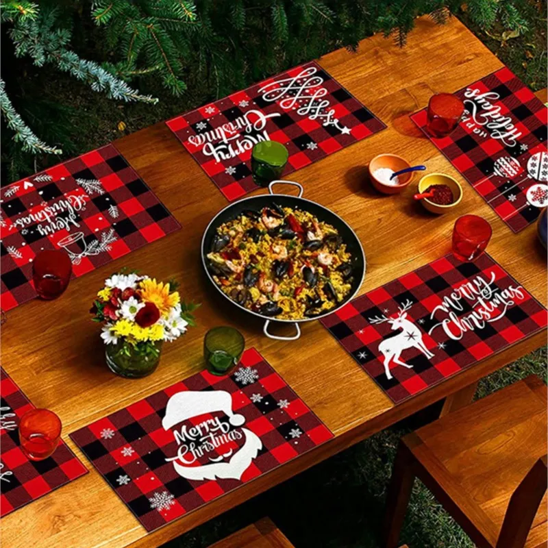 Noel Placemat baskılı kırmızı ve siyah ekose pamuk ve keten Kumaş Batı yemeği Mat masa Anti-leke ısı yalıtım matı Görüntü  5