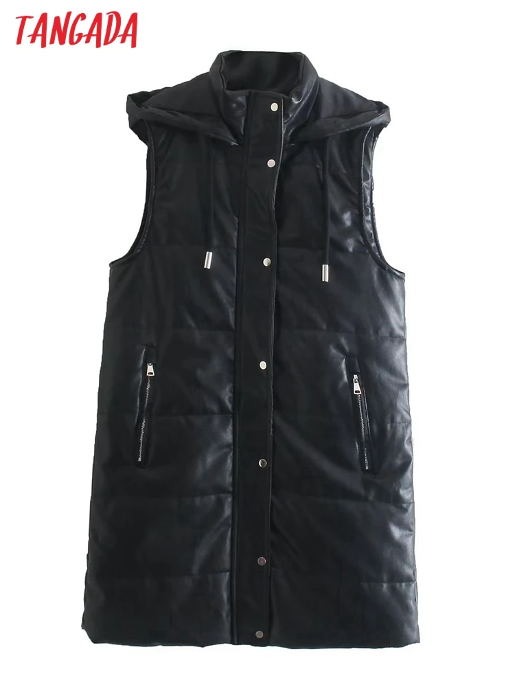 Tangada 2022 Kış Kadın siyah suni deri Büyük Boy Uzun Kaput Parkas pamuklu ceket Kolsuz Kadın Yastıklı Yelek 4M73 Görüntü  2