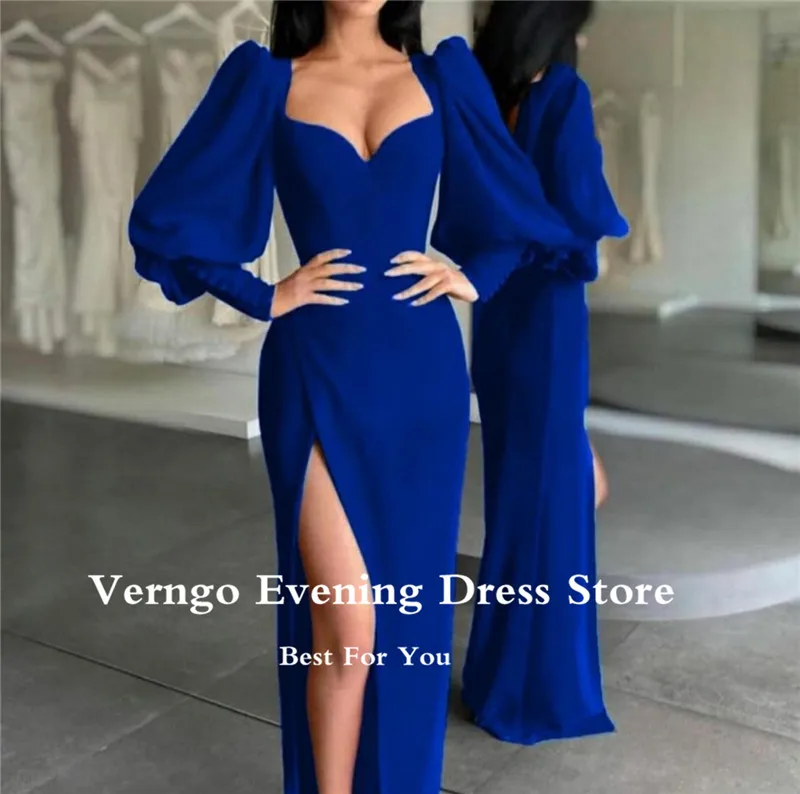 Verngo Yeni Vintage Şampanya Puf Uzun Kollu Abiye Yarık Sevgiliye Streç Saten 2023 Modern Örgün Parti Kıyafeti Görüntü  1