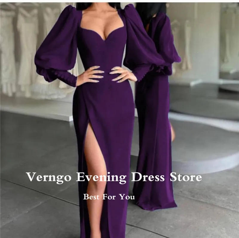 Verngo Yeni Vintage Şampanya Puf Uzun Kollu Abiye Yarık Sevgiliye Streç Saten 2023 Modern Örgün Parti Kıyafeti Görüntü  2