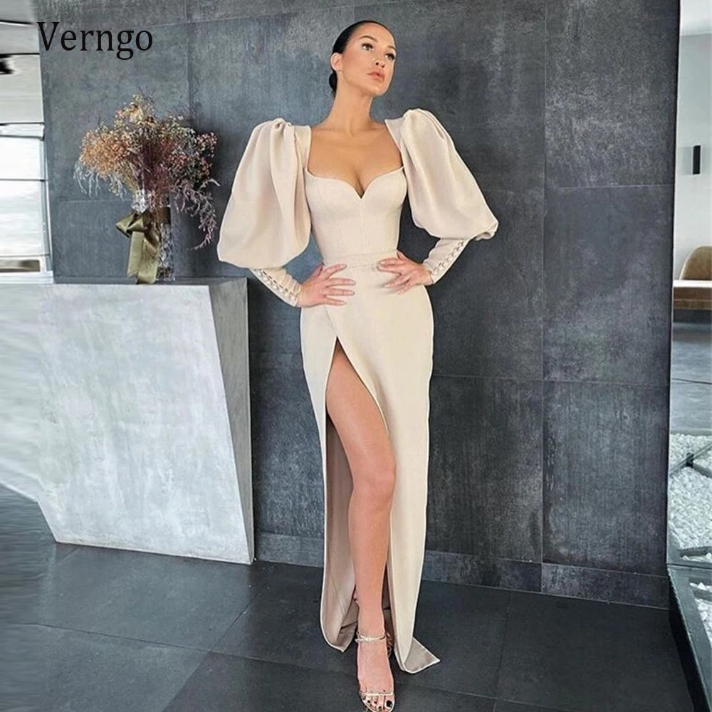 Verngo Yeni Vintage Şampanya Puf Uzun Kollu Abiye Yarık Sevgiliye Streç Saten 2023 Modern Örgün Parti Kıyafeti Görüntü  3