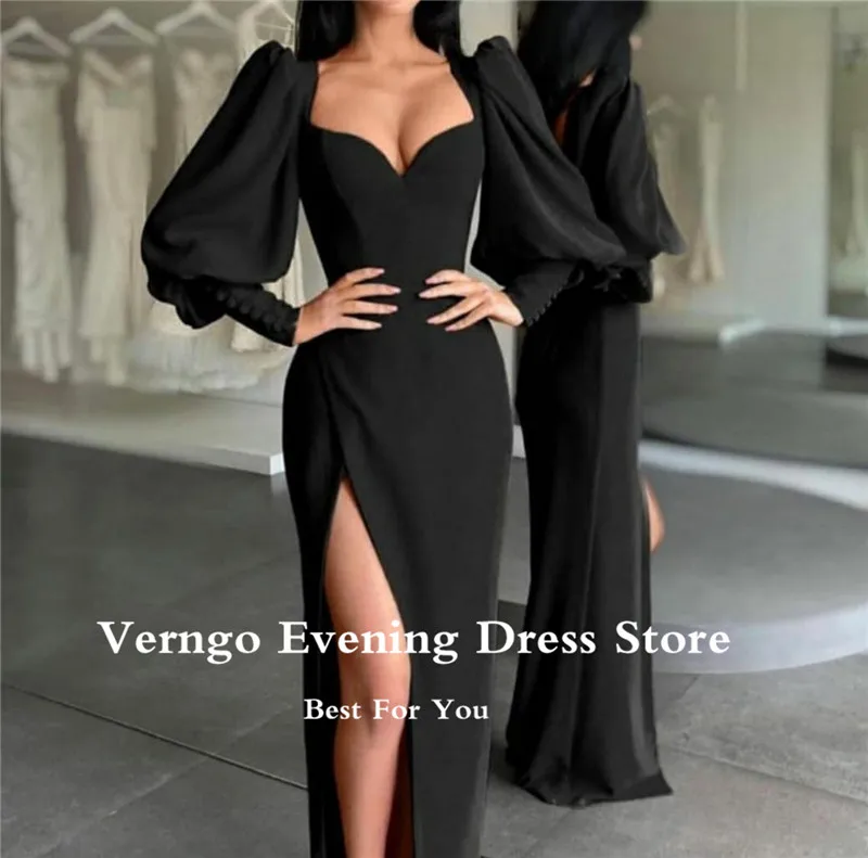 Verngo Yeni Vintage Şampanya Puf Uzun Kollu Abiye Yarık Sevgiliye Streç Saten 2023 Modern Örgün Parti Kıyafeti Görüntü  4