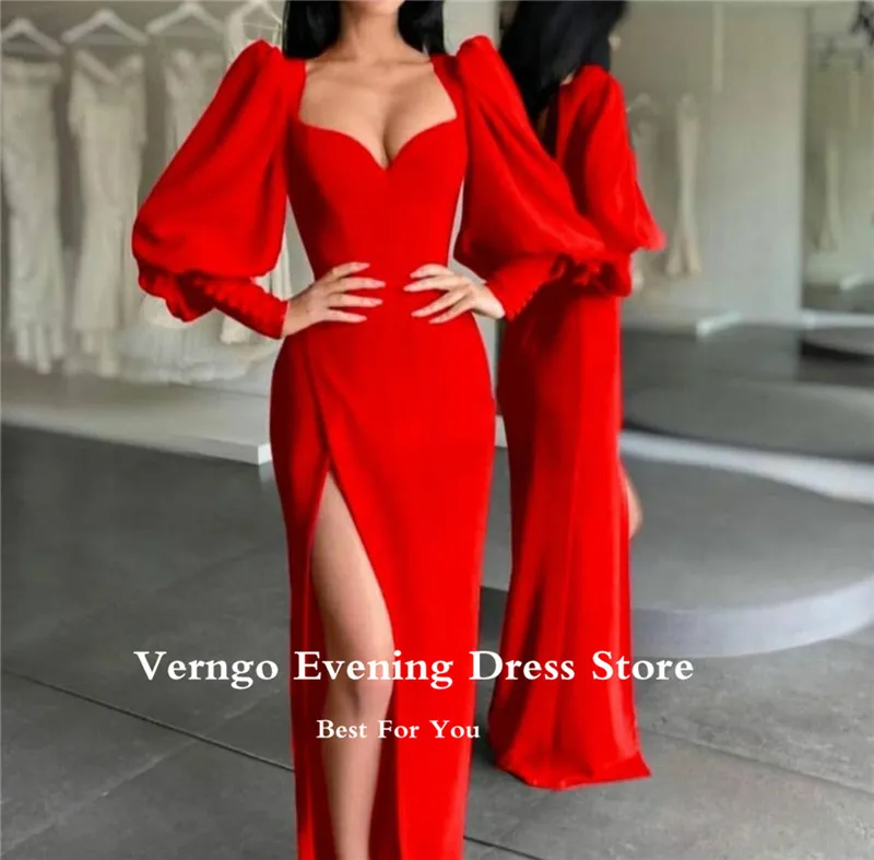 Verngo Yeni Vintage Şampanya Puf Uzun Kollu Abiye Yarık Sevgiliye Streç Saten 2023 Modern Örgün Parti Kıyafeti Görüntü  5