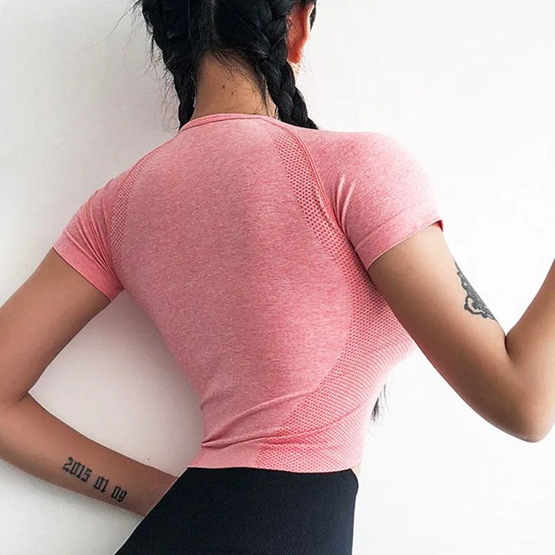 SALSPOR Kadın Yoga Gömlek Dikişsiz Spor T shirt Nefes Spor Kırpma Üst Koşu Elastik Sıkı O-Boyun Atletik Gömlek F Görüntü  0