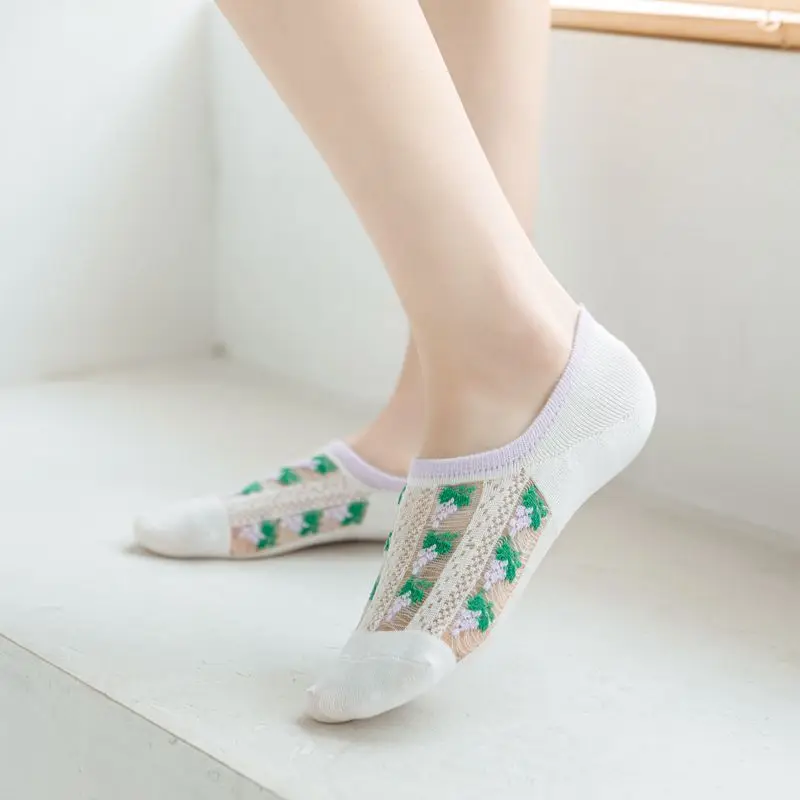Yeni Yaz Ince Kadın Kristal Ipek Çorap Ultra-ince Dantel Görünmez No Show Çorap Sevimli Ananas Düşük Kesim Ayak Bileği Tekne Çorap Terlik Görüntü  4