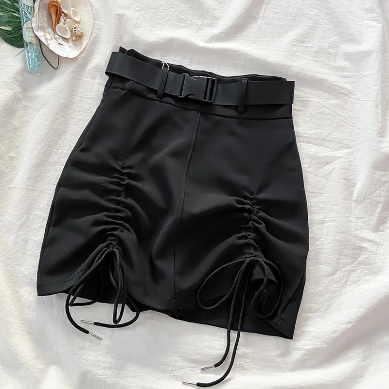 Etekler Kadınlar Katı Büzgü Tasarım Mini Kore Moda Harajuku Şık Mujer Faldas Siyah Streetwear Tüm Maç Basit Rahat Seksi Görüntü  2