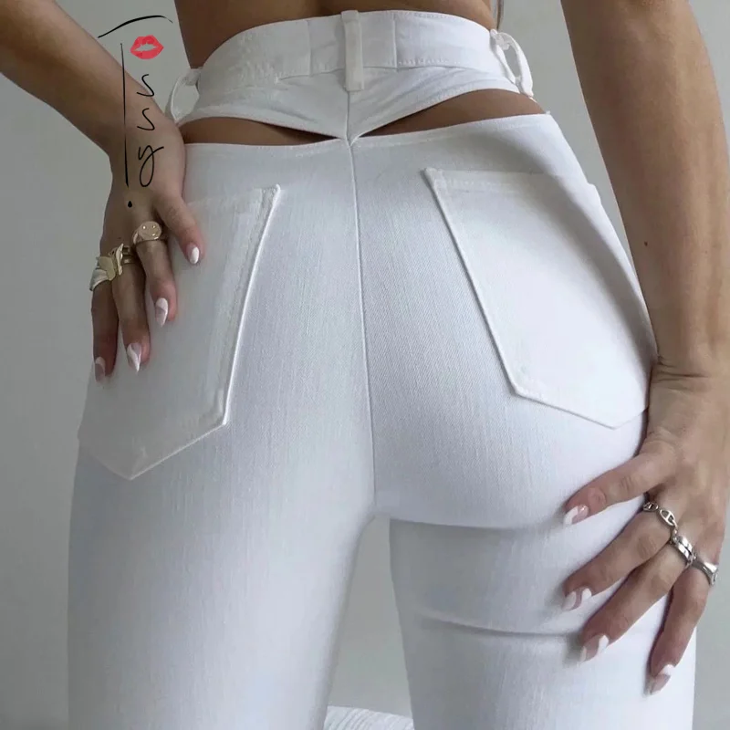 Kadın Pantolon Denim Kot Seksi İnce Uzun Pantolon Pantolon Kot Bayanlar Yüksek Bel Moda Alt Streetwear Parlama dışarı içi Boş Tossy Görüntü  4