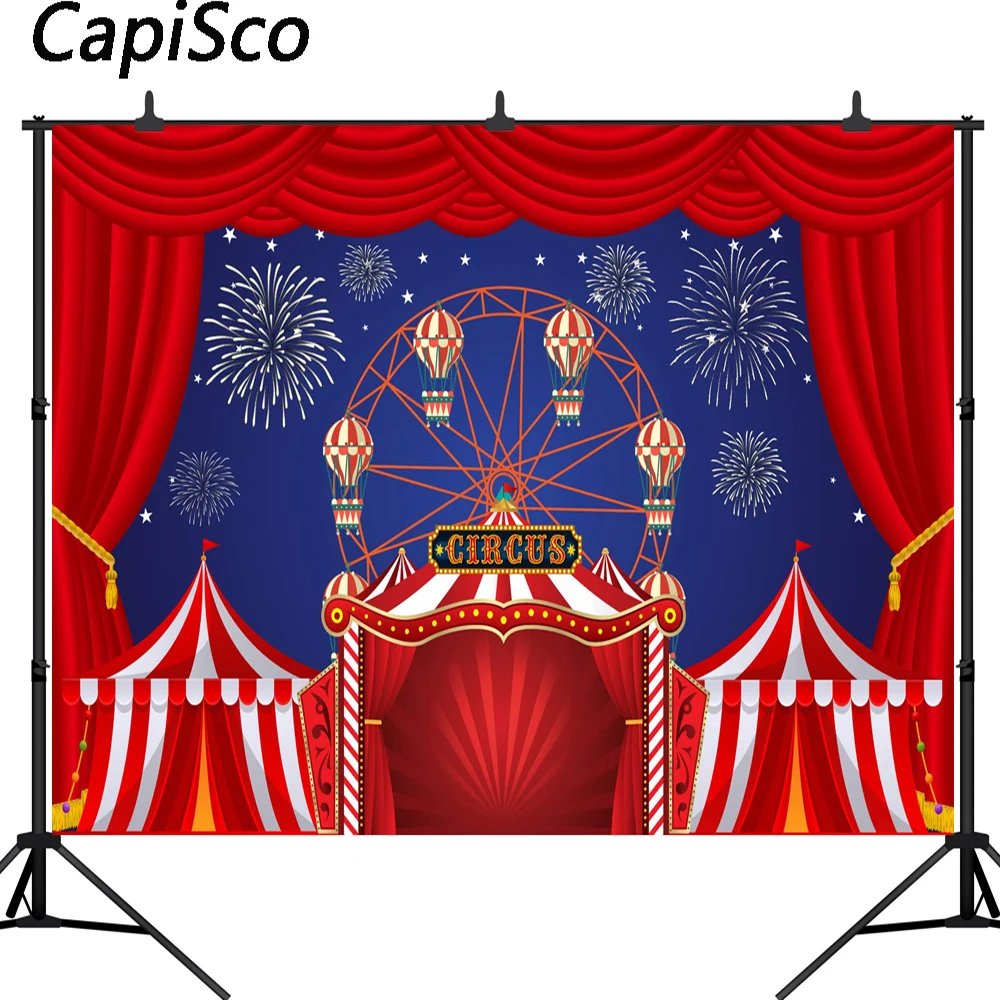 Capisco Karnaval Sirk Parti Afiş Kırmızı Perde Havai Fişek Bebek Duş Fotoğraf Backdrop doğum günü Fotoğraf Arka Plan Stüdyo Görüntü  5