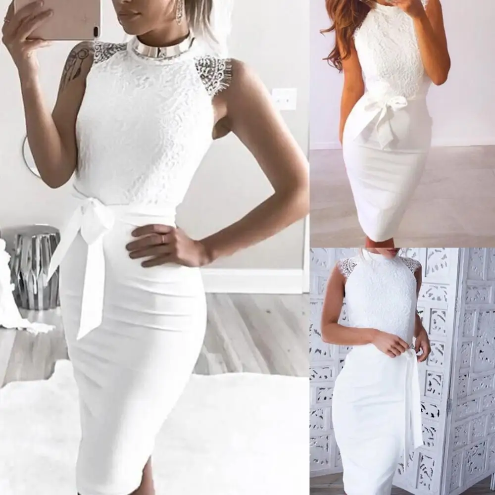 Seksi Kadın Elbise Dantel Hollow Backless Zarif Parti Chic Retro Elbise Beyaz Dantel Elbiseler Artı Boyutu 2021 Yeni Görüntü  2