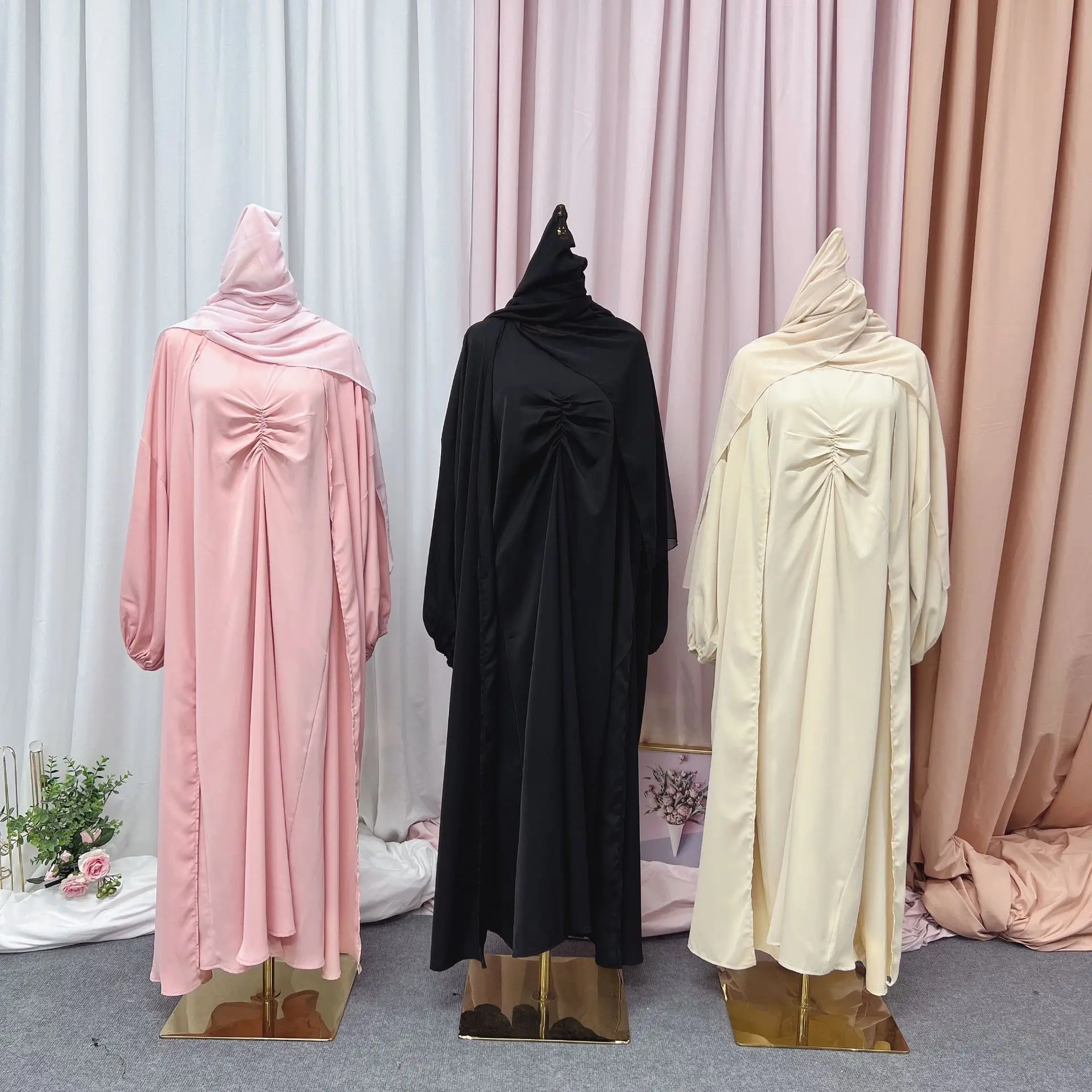 Müslüman Setleri 3 Adet Açık Abaya Dubai Türkiye Abayas Kadınlar için Uzun Kollu Başörtüsü Elbise Eşleşen Takım Elbise İslam Mütevazı Ramazan Kaftan Görüntü  0