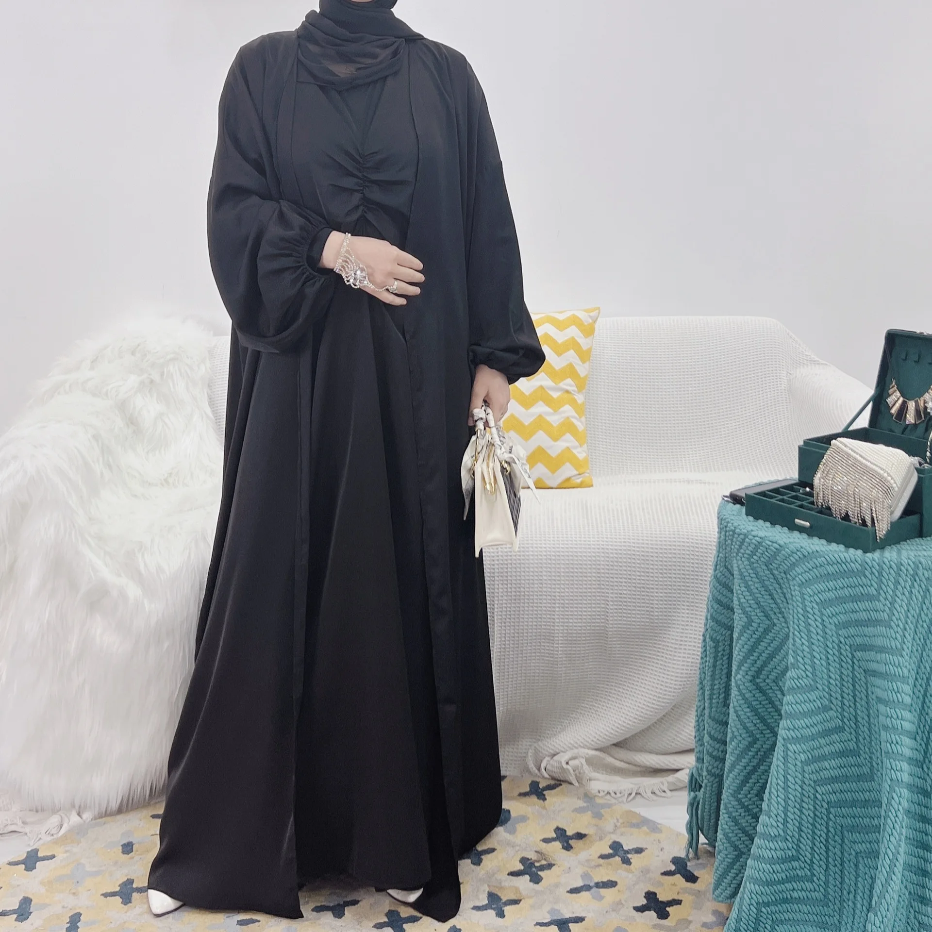 Müslüman Setleri 3 Adet Açık Abaya Dubai Türkiye Abayas Kadınlar için Uzun Kollu Başörtüsü Elbise Eşleşen Takım Elbise İslam Mütevazı Ramazan Kaftan Görüntü  1