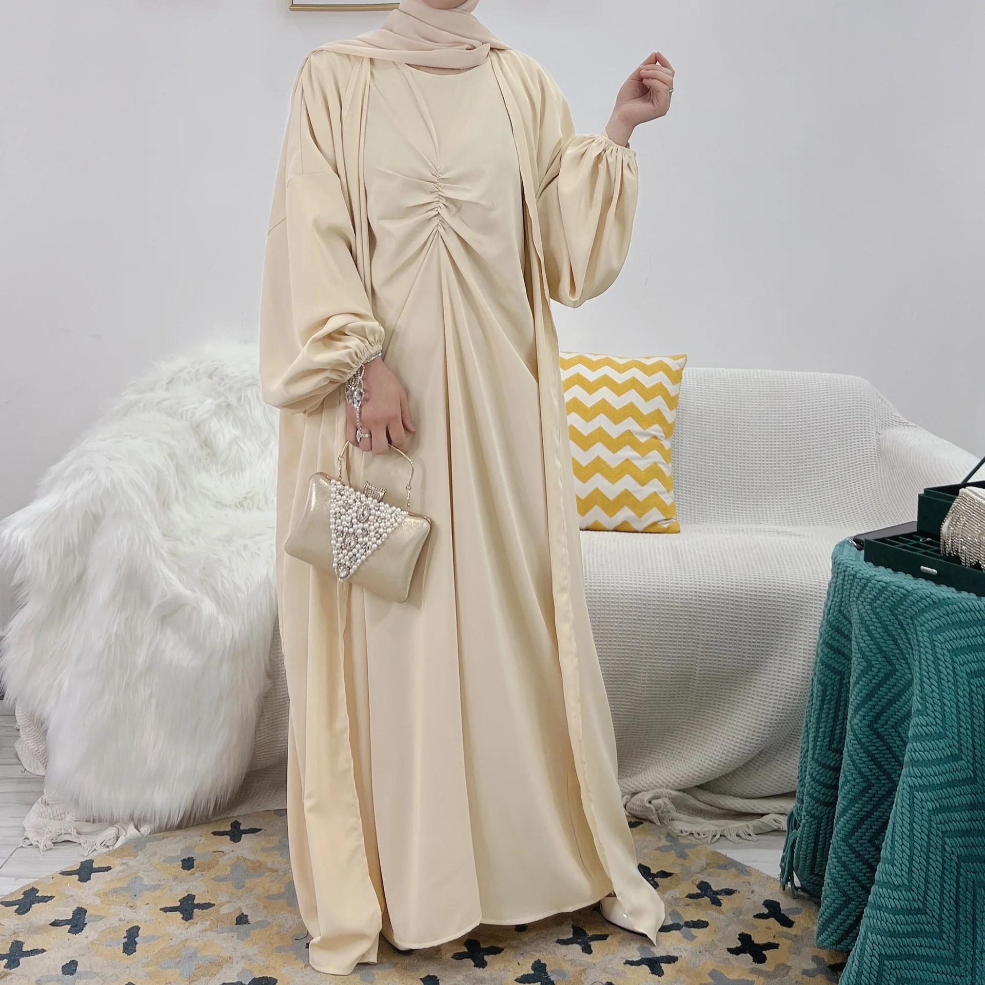 Müslüman Setleri 3 Adet Açık Abaya Dubai Türkiye Abayas Kadınlar için Uzun Kollu Başörtüsü Elbise Eşleşen Takım Elbise İslam Mütevazı Ramazan Kaftan Görüntü  2