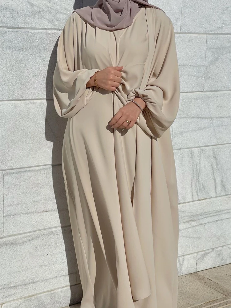 Müslüman Setleri 3 Adet Açık Abaya Dubai Türkiye Abayas Kadınlar için Uzun Kollu Başörtüsü Elbise Eşleşen Takım Elbise İslam Mütevazı Ramazan Kaftan Görüntü  3