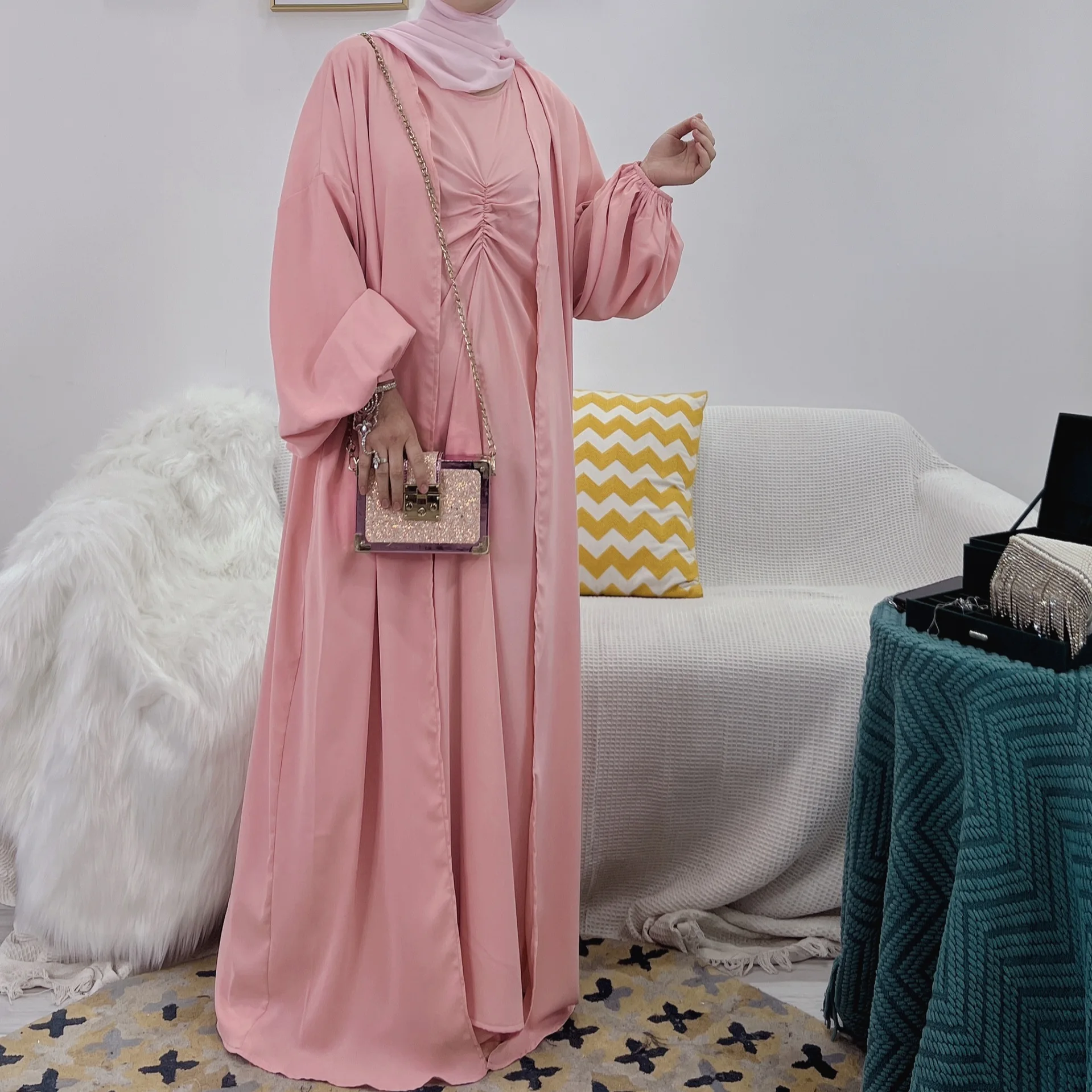 Müslüman Setleri 3 Adet Açık Abaya Dubai Türkiye Abayas Kadınlar için Uzun Kollu Başörtüsü Elbise Eşleşen Takım Elbise İslam Mütevazı Ramazan Kaftan Görüntü  4