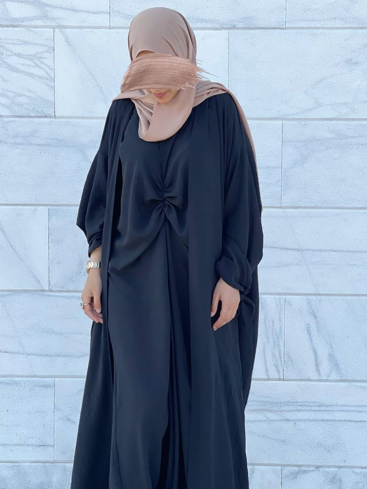 Müslüman Setleri 3 Adet Açık Abaya Dubai Türkiye Abayas Kadınlar için Uzun Kollu Başörtüsü Elbise Eşleşen Takım Elbise İslam Mütevazı Ramazan Kaftan Görüntü  5
