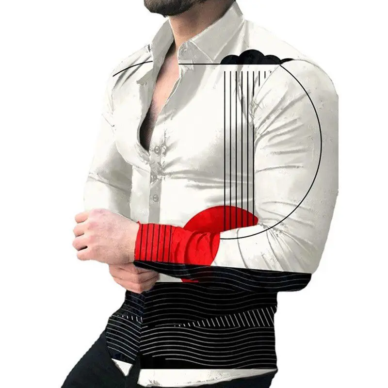 Avrupa ve Amerika Moda erkek Uzun Kollu Gömlek 3D Dijital Baskı Yaka Gömlek Yüksek Sokak Motosiklet erkek giyim Görüntü  0