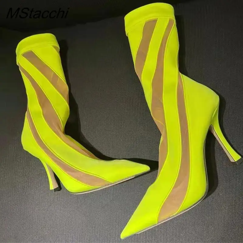 Yaz Örgü Elastik Çizmeler Kadınlar İçin Seksi Yeşil Çizgili Sivri Burun Orta Çizmeler Gece Kulübü parti ayakkabıları Stilettos Gösterisi Demonia Çizmeler Görüntü  4