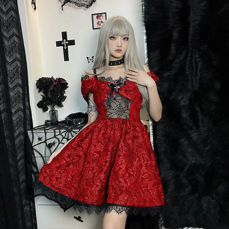 Goth Elbise Kadın Lolita Siyah Elbiseler Puf Kollu A-line Elbiseler Harajuku Grunge Parti Giyim Clubwear Bayanlar Gotik Giyim Görüntü  2