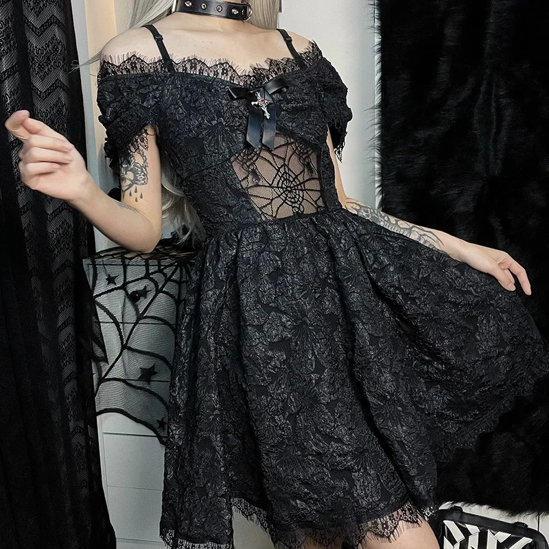 Goth Elbise Kadın Lolita Siyah Elbiseler Puf Kollu A-line Elbiseler Harajuku Grunge Parti Giyim Clubwear Bayanlar Gotik Giyim Görüntü  4
