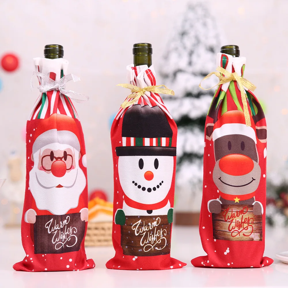 Navidad Baskı şarap şişesi seti Noel Süslemeleri Ev Mutfak Otel İçin Yeni Yıl Dekorasyon Şampanya noel baba şapkaları kap Görüntü  1