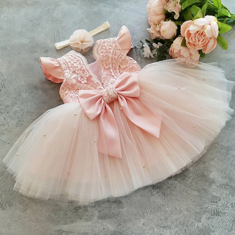 Kızlar Prenses Tutu Elbise Yürüyor Çocuk Bebek Çiçek Dantel Backless Zarif Doğum Günü Düğün Giysileri Çocuk Vaftiz Elbisesi Görüntü  0