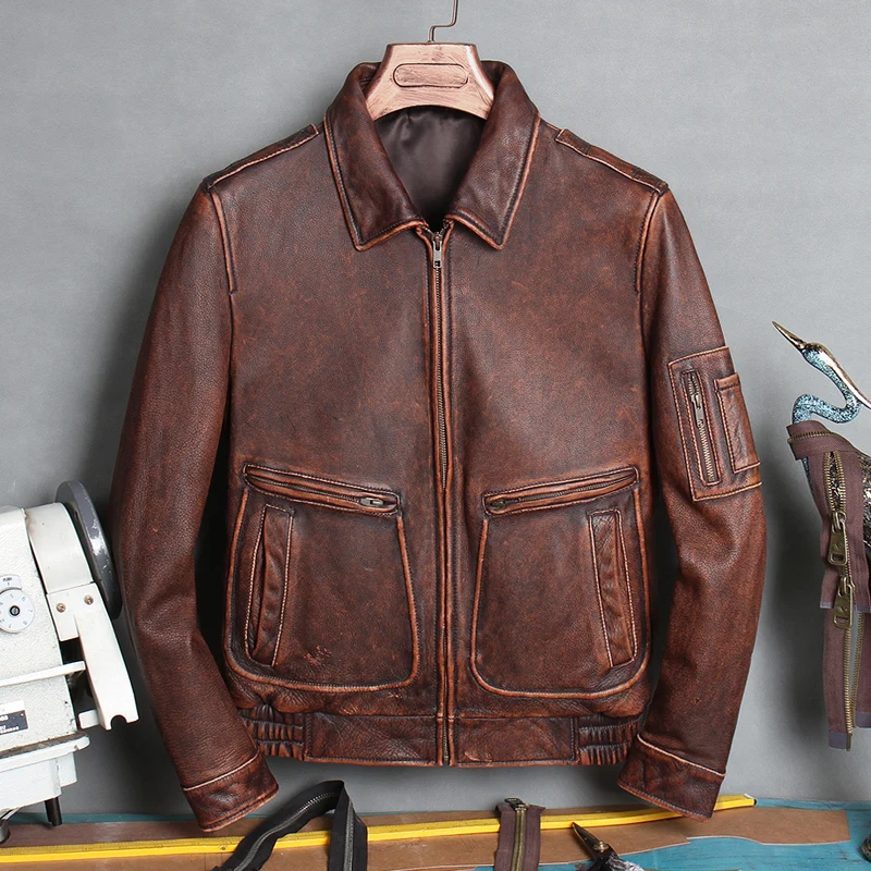 MA-1 bombacı deri ceket, kalın inek derisi Ceket, erkek hakiki Deri ceket.top gun vintage kahverengi deri giysiler Görüntü  0