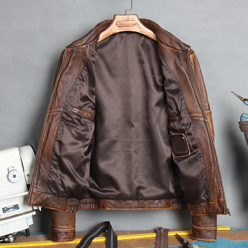 MA-1 bombacı deri ceket, kalın inek derisi Ceket, erkek hakiki Deri ceket.top gun vintage kahverengi deri giysiler Görüntü  3