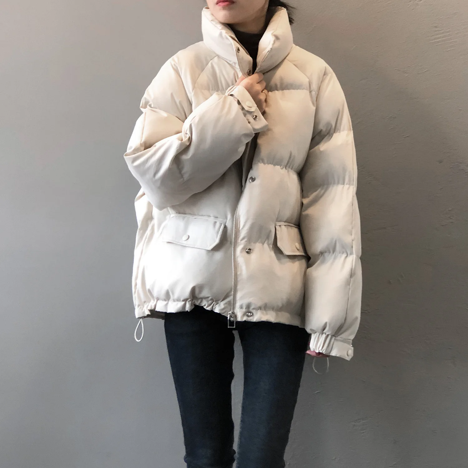 HXJJP 2022 Kış Yeni Standı Yaka Ekmek Ceket Kadın Gevşek Aşağı Pamuk Ceket Kadın Uzun Kollu Kalın Sıcak Giyim 80019 Görüntü  1