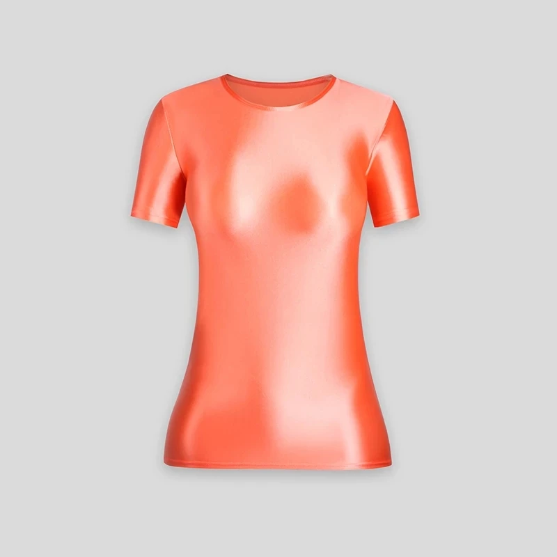Parlak Kısa Kollu Spor Gömlek Sıkı Pürüzsüz Üst Spor Sıkı Katı ElasticShiny yoga kıyafeti Egzersiz Kadınlar İçin Tops Görüntü  3