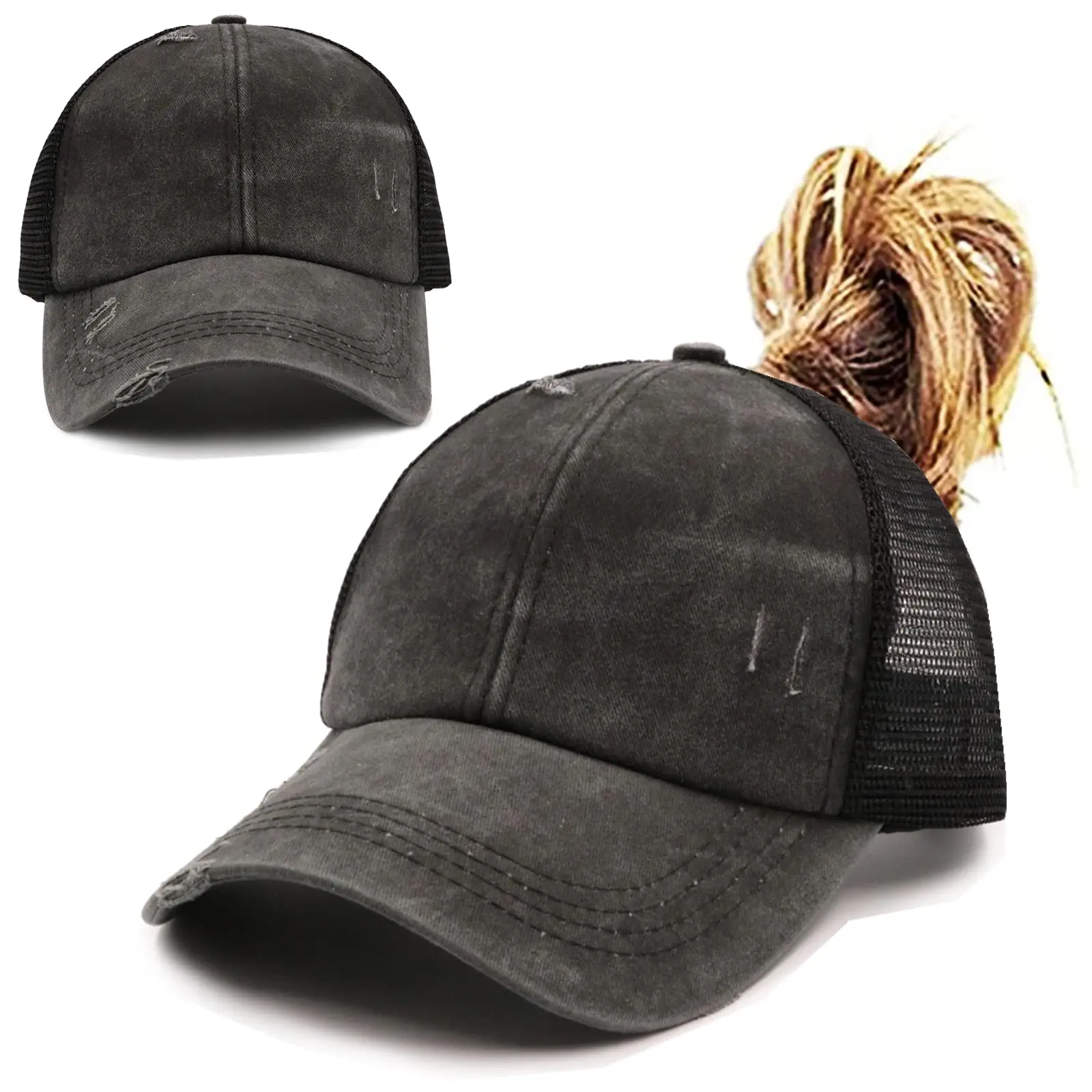 Kadın At Kuyruğu Yüksek Dağınık Topuz Şapka Moda Sıkıntılı Beyzbol Kapaklar Yapılandırılmamış Yıkanmış Baba Şapka Kızlar Kamyon Şoförü Ponycaps Görüntü  3