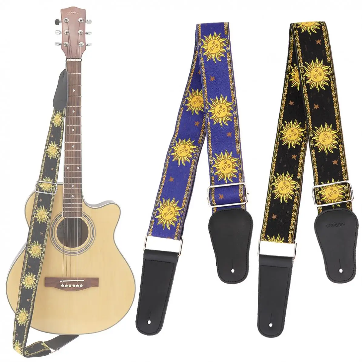 Ayarlanabilir 110-168cm uzunluk Gitar Askısı Çift Kumaş Güneş Çiçek Desen Hakiki deri kemer Gitarist Enstrüman Parçaları Görüntü  0