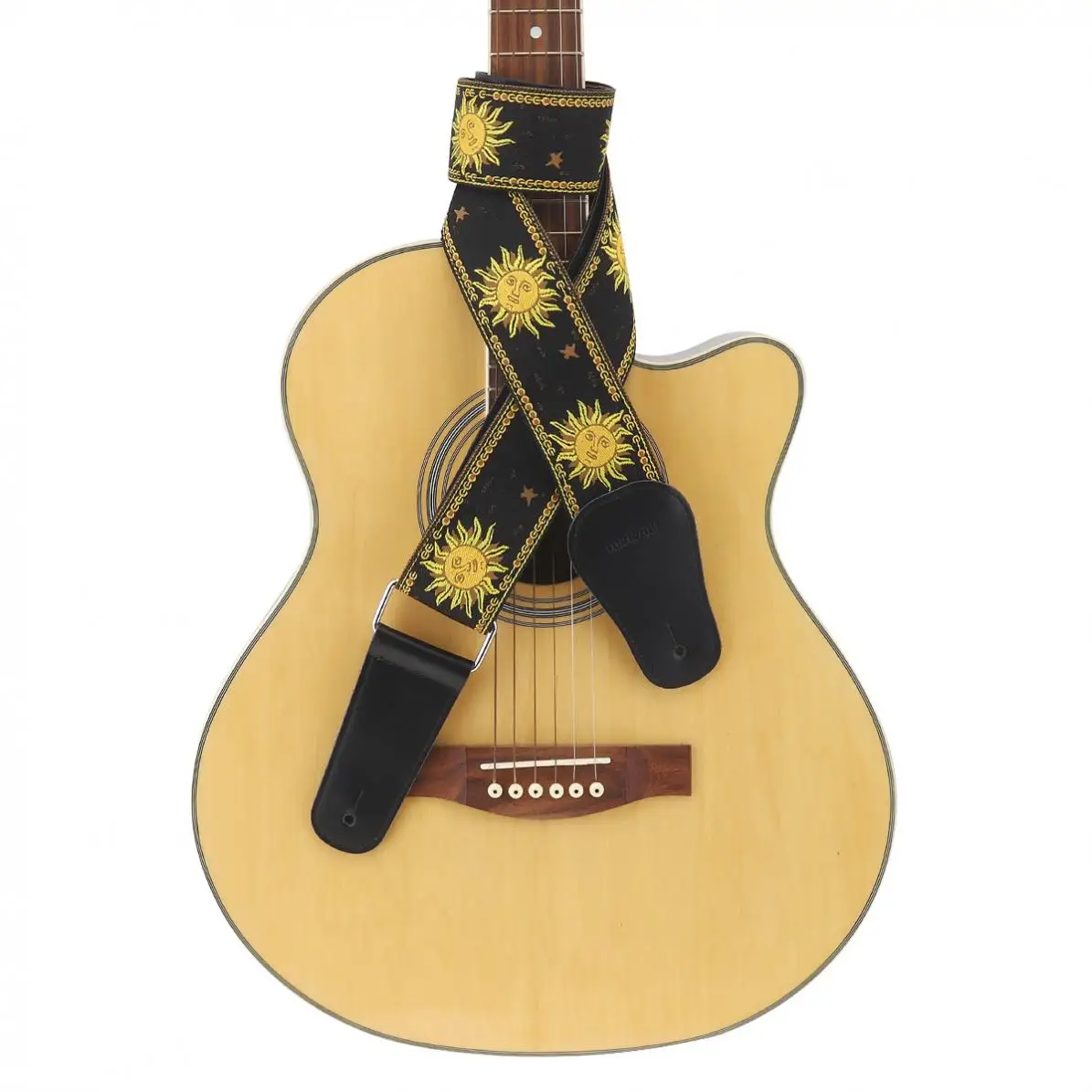 Ayarlanabilir 110-168cm uzunluk Gitar Askısı Çift Kumaş Güneş Çiçek Desen Hakiki deri kemer Gitarist Enstrüman Parçaları Görüntü  4