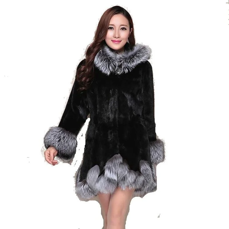 Faux Kürk Ceket Kadın Sonbahar Kış Vizon Ceket Tilki Kürk Yaka Kapüşonlu Ceket Artı Boyutu 6XL Tops Kürk Ceketler Kadın Noel Giysileri Görüntü  3