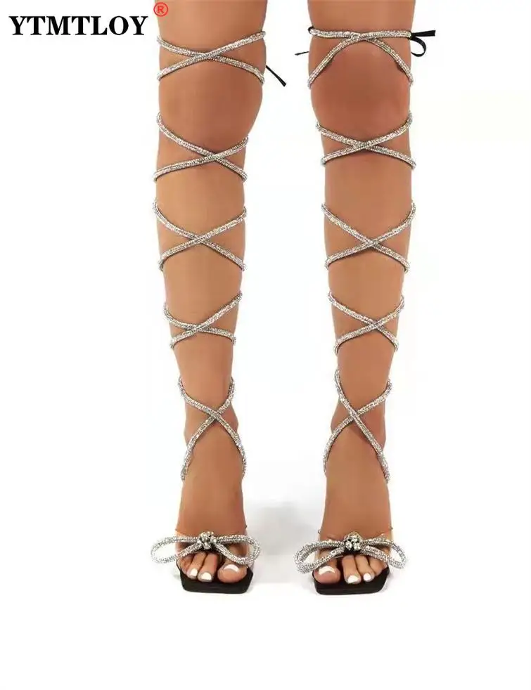 Moda Bayan Kristal Strappy Uyluk Yüksek Çizmeler Seksi Bayanlar Yaz Diz Üzerinde Sandalet Yüksek Topuklu Parti Şerit Ayakkabı Kadın Görüntü  3