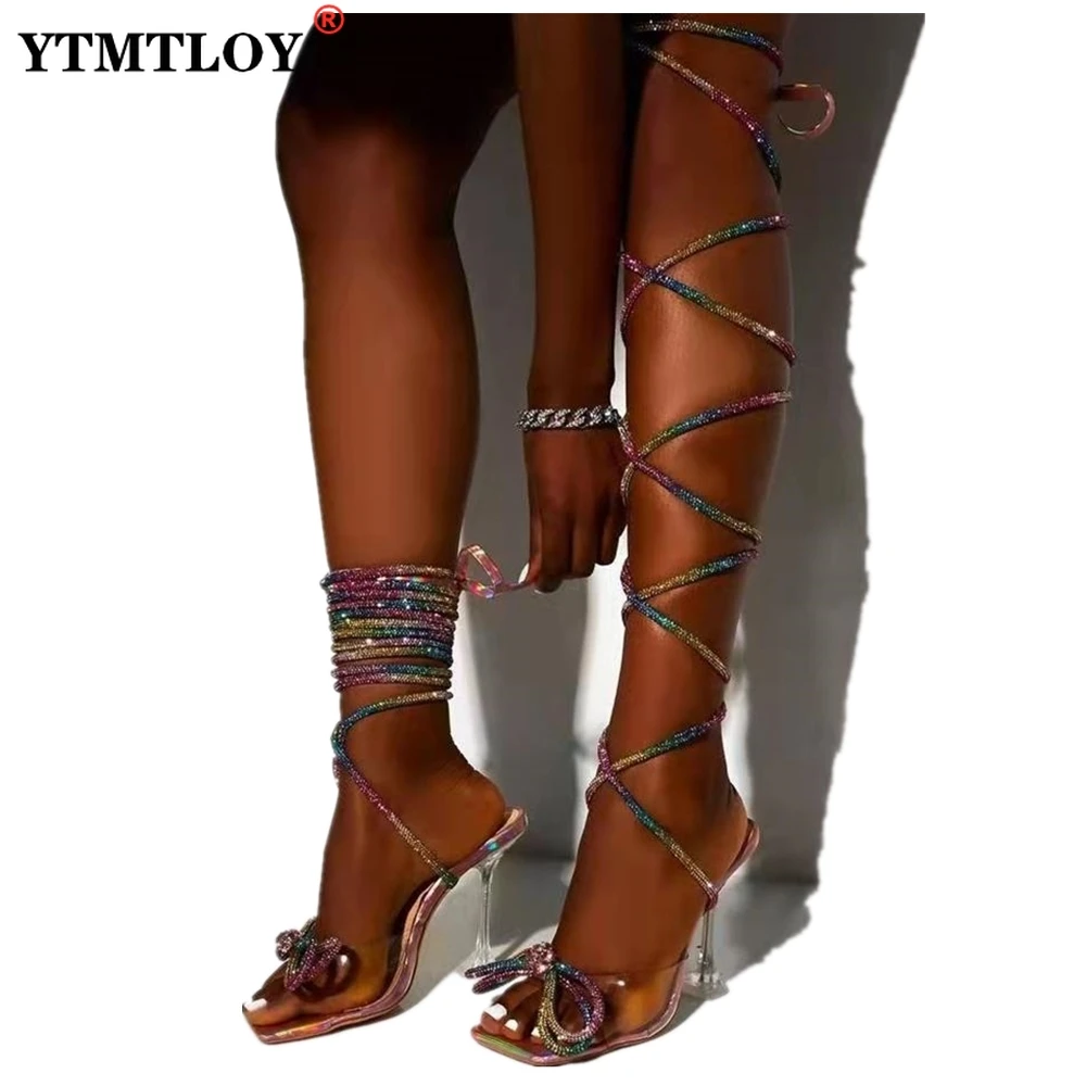 Moda Bayan Kristal Strappy Uyluk Yüksek Çizmeler Seksi Bayanlar Yaz Diz Üzerinde Sandalet Yüksek Topuklu Parti Şerit Ayakkabı Kadın Görüntü  4