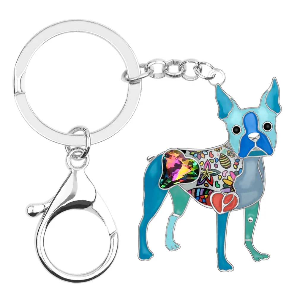 Bonsny Emaye Alaşım Rhinestone Kristal Boston Terrier Köpek anahtar zincirleri Anahtarlıklar Tutucu hayvan figürlü mücevherat Kadınlar Kızlar Için Çanta Charms Görüntü  2