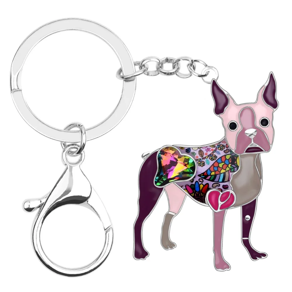 Bonsny Emaye Alaşım Rhinestone Kristal Boston Terrier Köpek anahtar zincirleri Anahtarlıklar Tutucu hayvan figürlü mücevherat Kadınlar Kızlar Için Çanta Charms Görüntü  4
