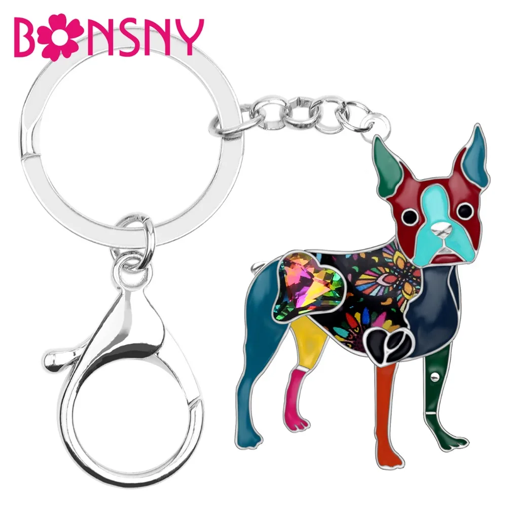 Bonsny Emaye Alaşım Rhinestone Kristal Boston Terrier Köpek anahtar zincirleri Anahtarlıklar Tutucu hayvan figürlü mücevherat Kadınlar Kızlar Için Çanta Charms Görüntü  5