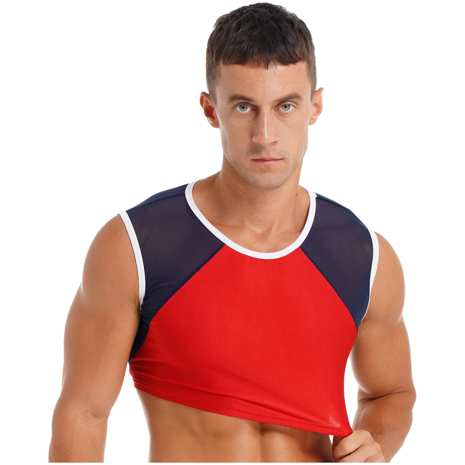 Erkek Kolsuz Sıkı koşu atleti Spor Spor spor kolsuz tişört T-shirt Nefes Örgü Patchwork Renk Bloğu Egzersiz Kırpma Üst Görüntü  2