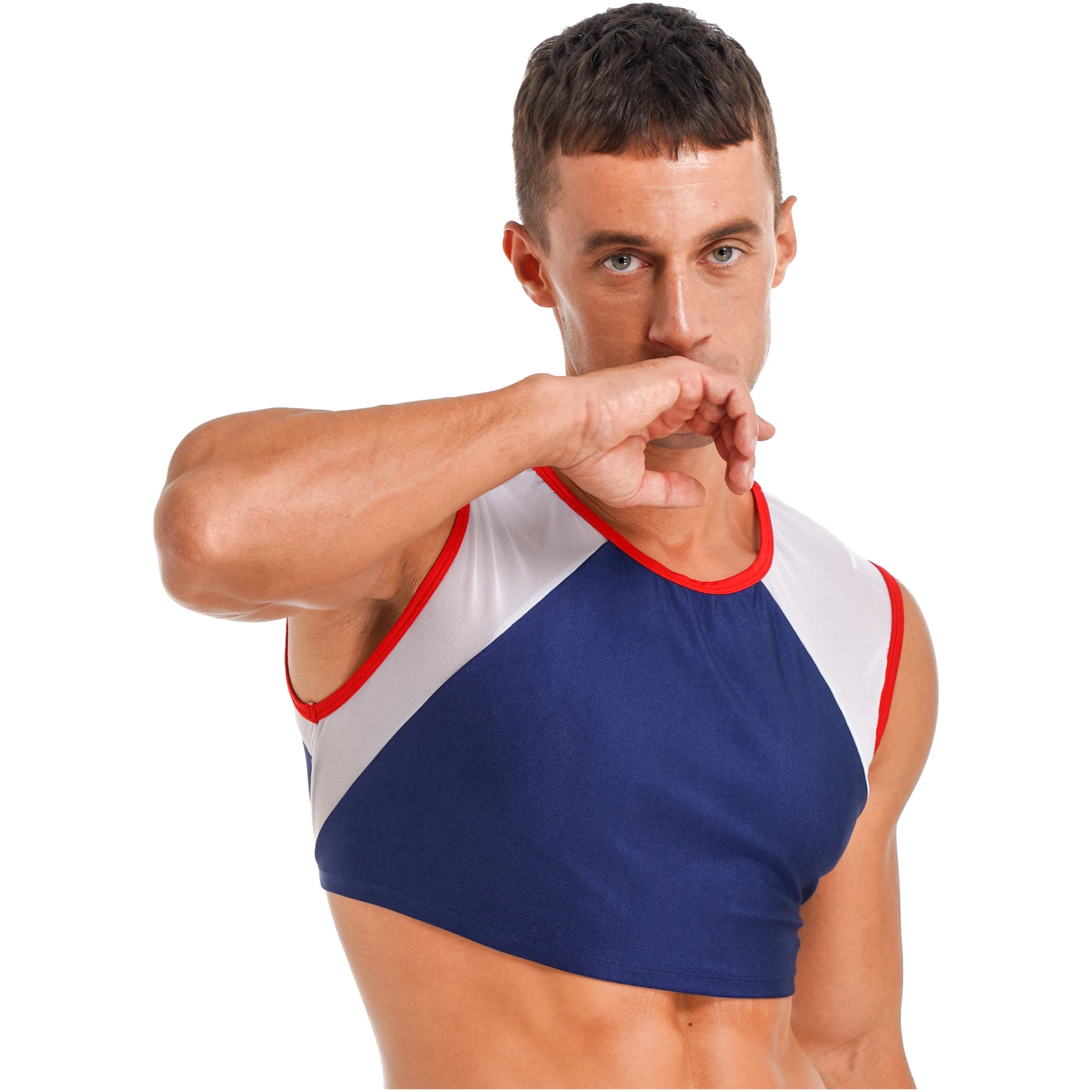 Erkek Kolsuz Sıkı koşu atleti Spor Spor spor kolsuz tişört T-shirt Nefes Örgü Patchwork Renk Bloğu Egzersiz Kırpma Üst Görüntü  4