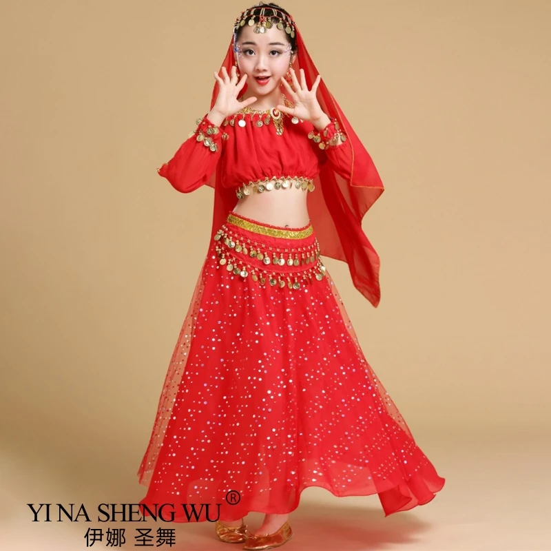Moda Yeni Stil Çocuk Oryantal Dans Hint dans kostümü Seti Sari Bollywood Çocuk Kıyafet Oryantal Dans Performansı Giyim Setleri Görüntü  4