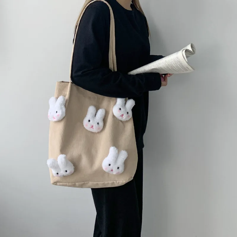 Şeker Renk Karikatür Tavşan Kadın Kadife Omuz Alışveriş Çantası Öğrenci Çanta Pamuklu Bez Eko Kumaş Tote alışveriş çantası Kadınlar için Görüntü  1