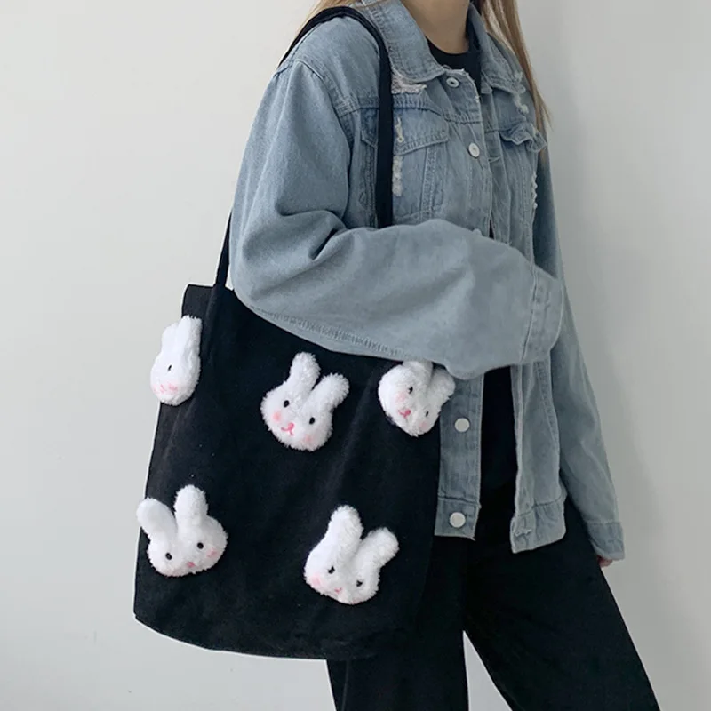 Şeker Renk Karikatür Tavşan Kadın Kadife Omuz Alışveriş Çantası Öğrenci Çanta Pamuklu Bez Eko Kumaş Tote alışveriş çantası Kadınlar için Görüntü  4