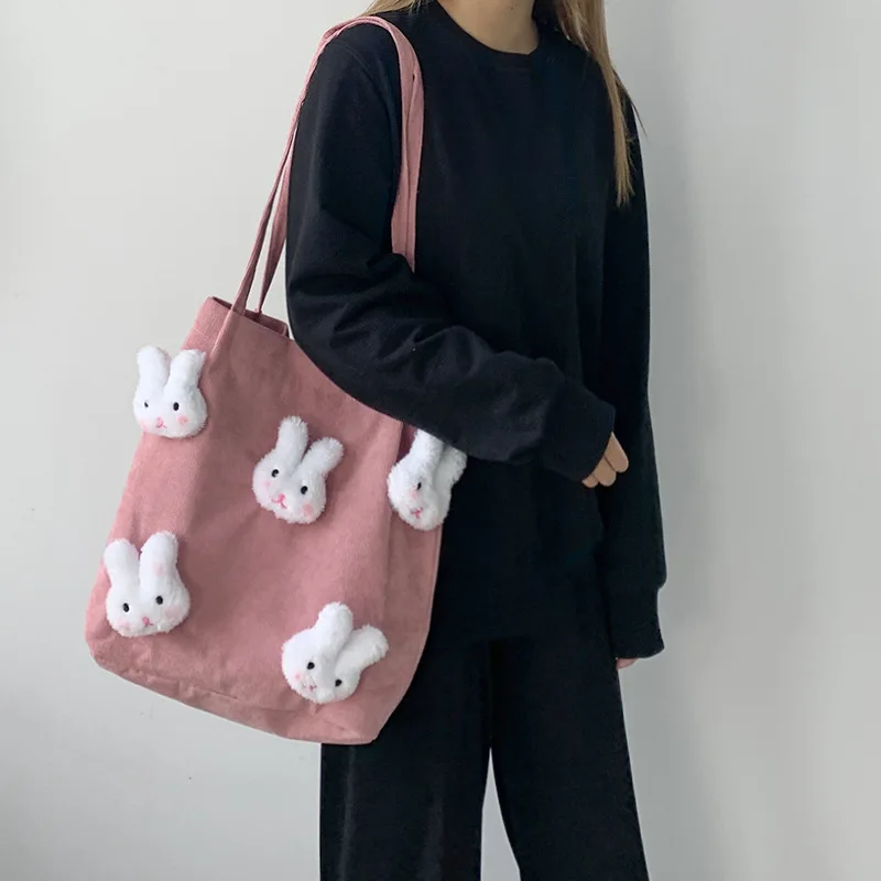 Şeker Renk Karikatür Tavşan Kadın Kadife Omuz Alışveriş Çantası Öğrenci Çanta Pamuklu Bez Eko Kumaş Tote alışveriş çantası Kadınlar için Görüntü  5