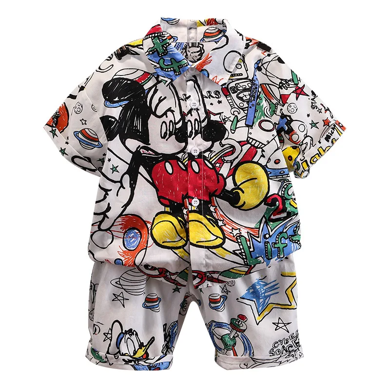 Yaz Çocuklar Mickey Mouse T-shirt Setleri Giysileri Erkek Kız Moda Graffiti Turn-Aşağı Gömlek Ve Pantolon Takım Elbise Giyim Görüntü  5