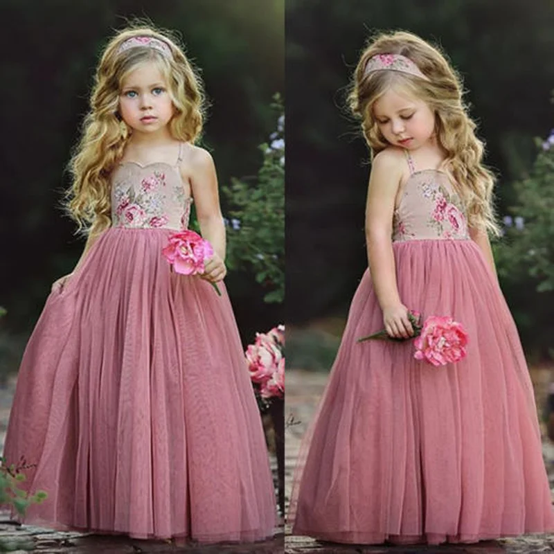 2019 Yeni Prenses Elbise Çocuk Kız Pembe Dantel Çiçek Strappy Elbise Maxi Uzun Prenses Parti Çocuk Yaz Balo Resmi Elbise Görüntü  1
