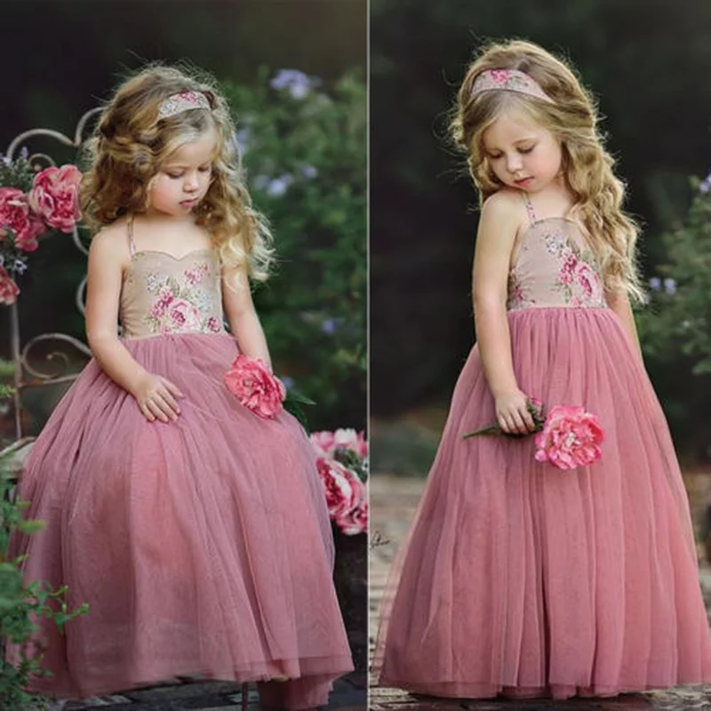 2019 Yeni Prenses Elbise Çocuk Kız Pembe Dantel Çiçek Strappy Elbise Maxi Uzun Prenses Parti Çocuk Yaz Balo Resmi Elbise Görüntü  2