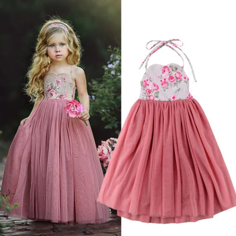 2019 Yeni Prenses Elbise Çocuk Kız Pembe Dantel Çiçek Strappy Elbise Maxi Uzun Prenses Parti Çocuk Yaz Balo Resmi Elbise Görüntü  3